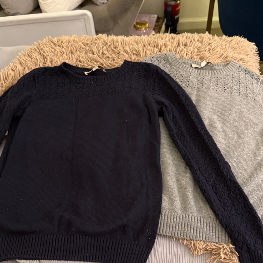 LOFT Women's Crew Neck Sweaters - Navy and Light Gray